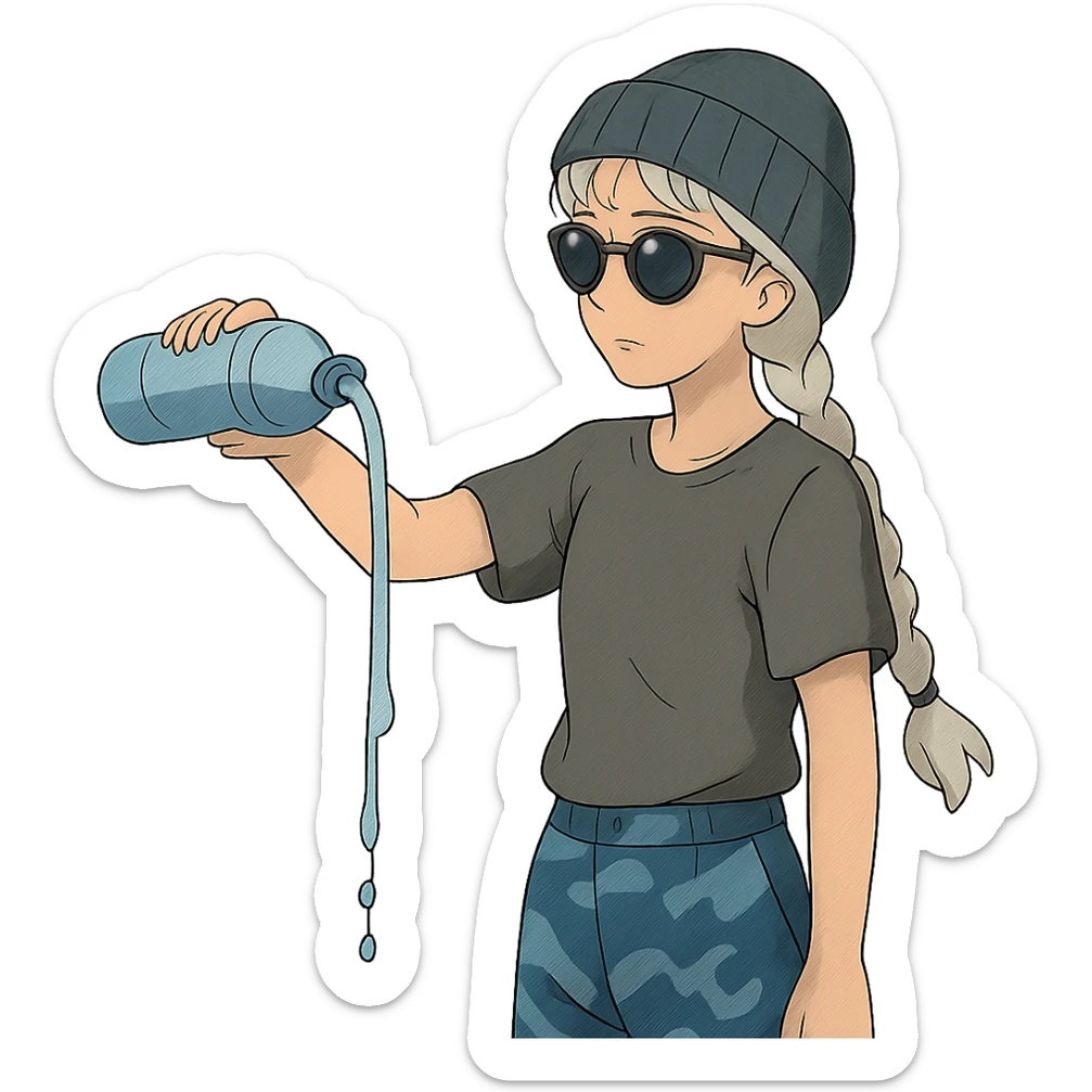 1 female, long white braid, knit cap, dark sunglasses, GRAY T-SHIRT, blue camo pants, POURING OUT A WATER BOTTLE sticker