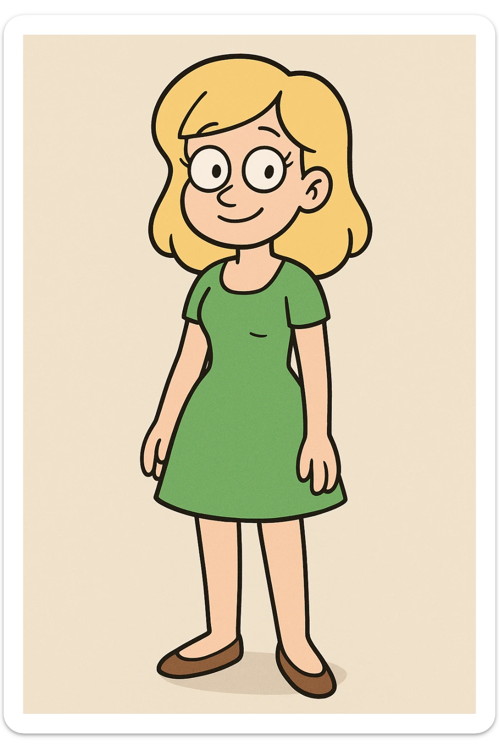 blonde-haired girl in a bright green dress, standing, friendly face, plain background sticker