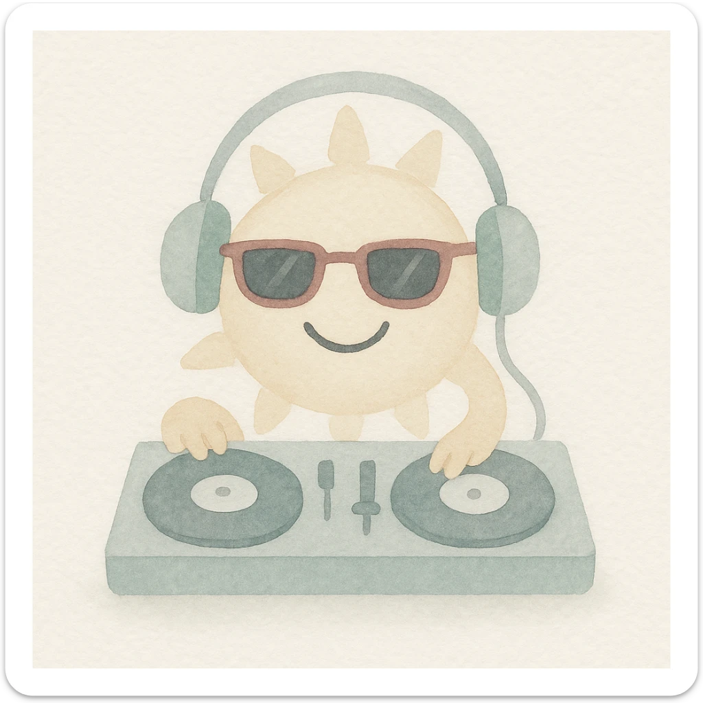 A smiling sun with headphones and DJ turntables, wearing stylish sunglasses, watercolor art style sticker
