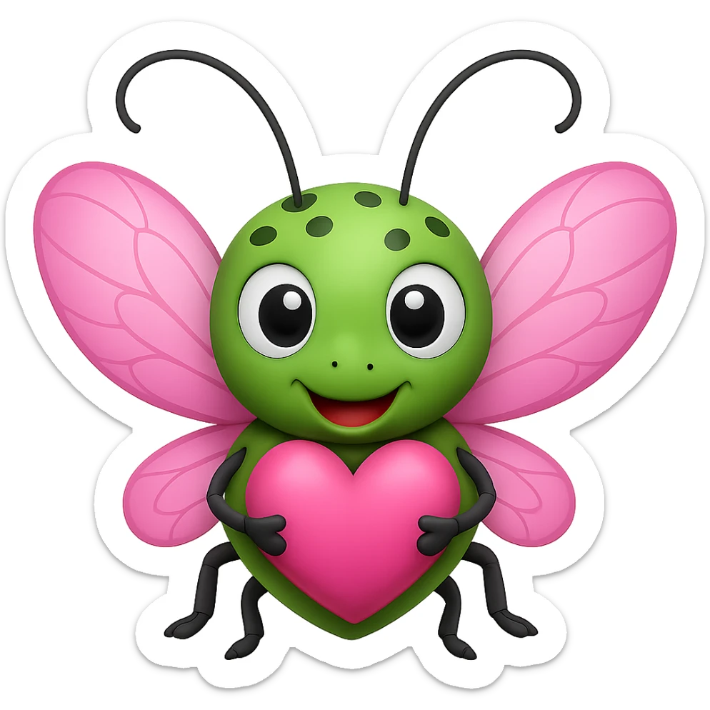 Make the bug more cartoonish in the style of apple emojis, with a rounder body, big eyes, and a playful expression, keeping the apple emoji style look. sticker