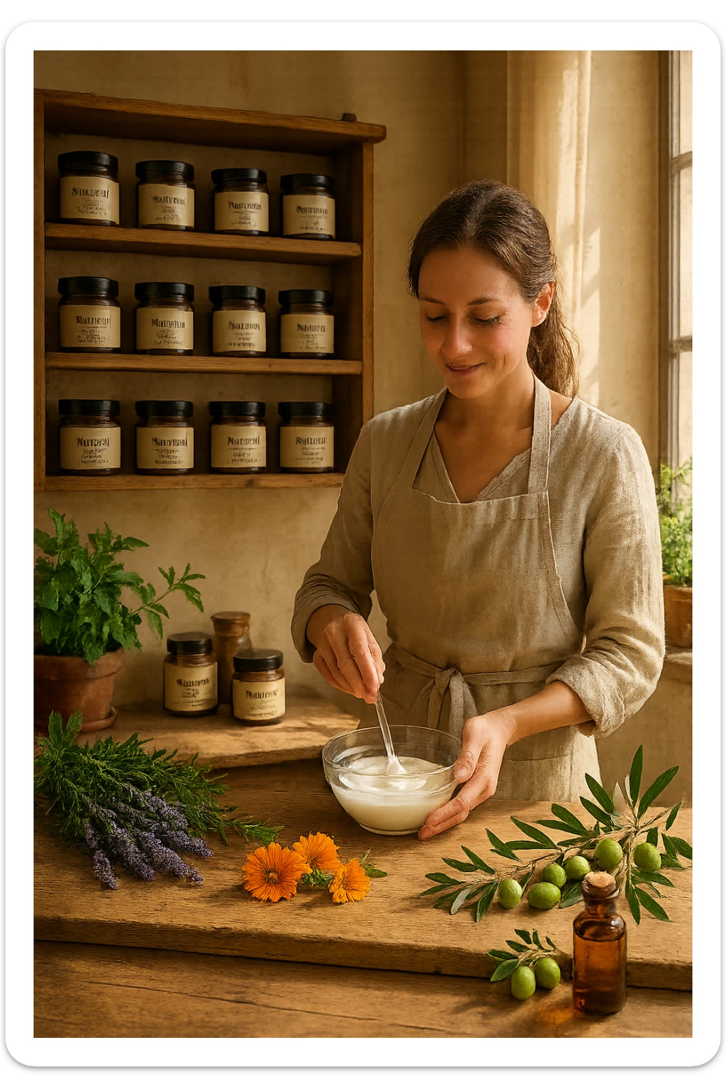 A realistic, high-quality photo of a small artisan skincare laboratory in Italy, with wooden shelves displaying beautifully packaged glass jars of natural creams made with herbal and botanical extracts, olive oil, and essential oils, clearly labeled ‘100% Natural’ and ‘Artisan Made in Italy’. The scene includes a bright, sunlit rustic workspace with plants, fresh lavender, rosemary, calendula flowers, and olive branches on the wooden counter, symbolizing purity and nature. A female artisan in a linen apron is carefully mixing creams in a glass bowl, smiling softly. The environment feels warm, authentic, and eco-friendly, emphasizing the concept of handcrafted skincare without synthetic chemicals sticker