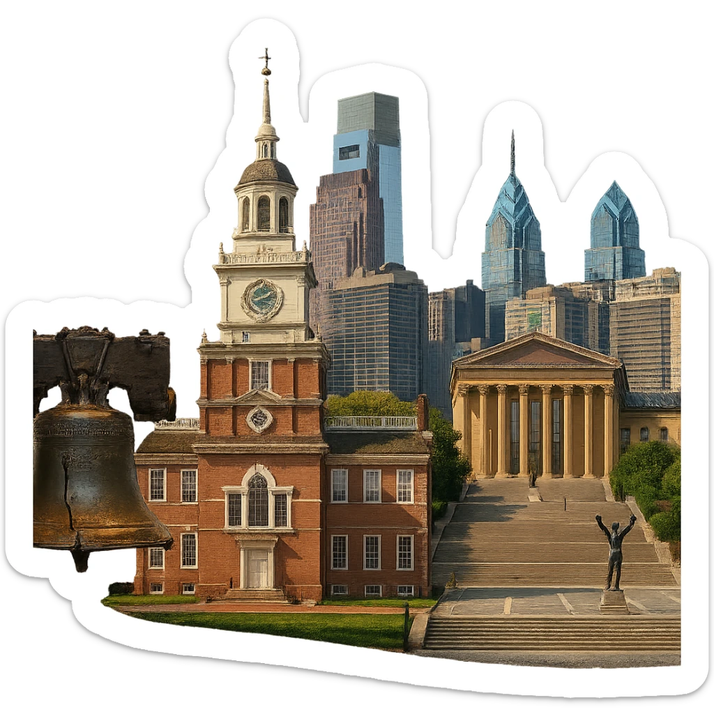 cinematic, realistic emoji of Philadelphia, wide city view featuring only real, iconic landmarks including the Liberty Bell, Independence Hall, Philadelphia Museum of Art with the Rocky Steps, and the city skyline, lifelike detail, accurate colors, bright daytime lighting, fully transparent background, no sky, no clouds, no imaginary or generic buildings sticker