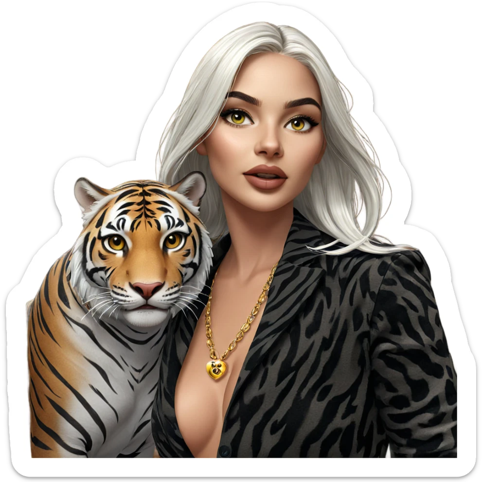 white-haired girl with tiger sticker