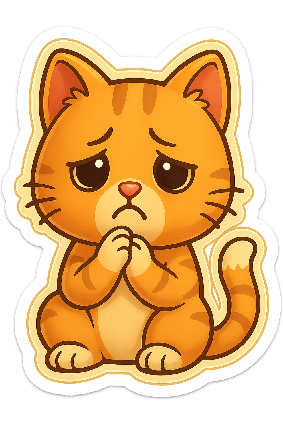 Bring the cat's paws up so they are touching each other just below the chin. Make the face look even sadder, with more expressive disappointment. Keep the style and transparent background. sticker
