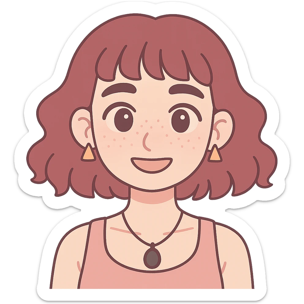 white woman with freckles, teardrop nose piercing, wavy wine hair to shoulders, short bangs, triangular earrings, black stone necklace, tank top, thick eyebrows, large brown eyes, anime style, sensual sticker