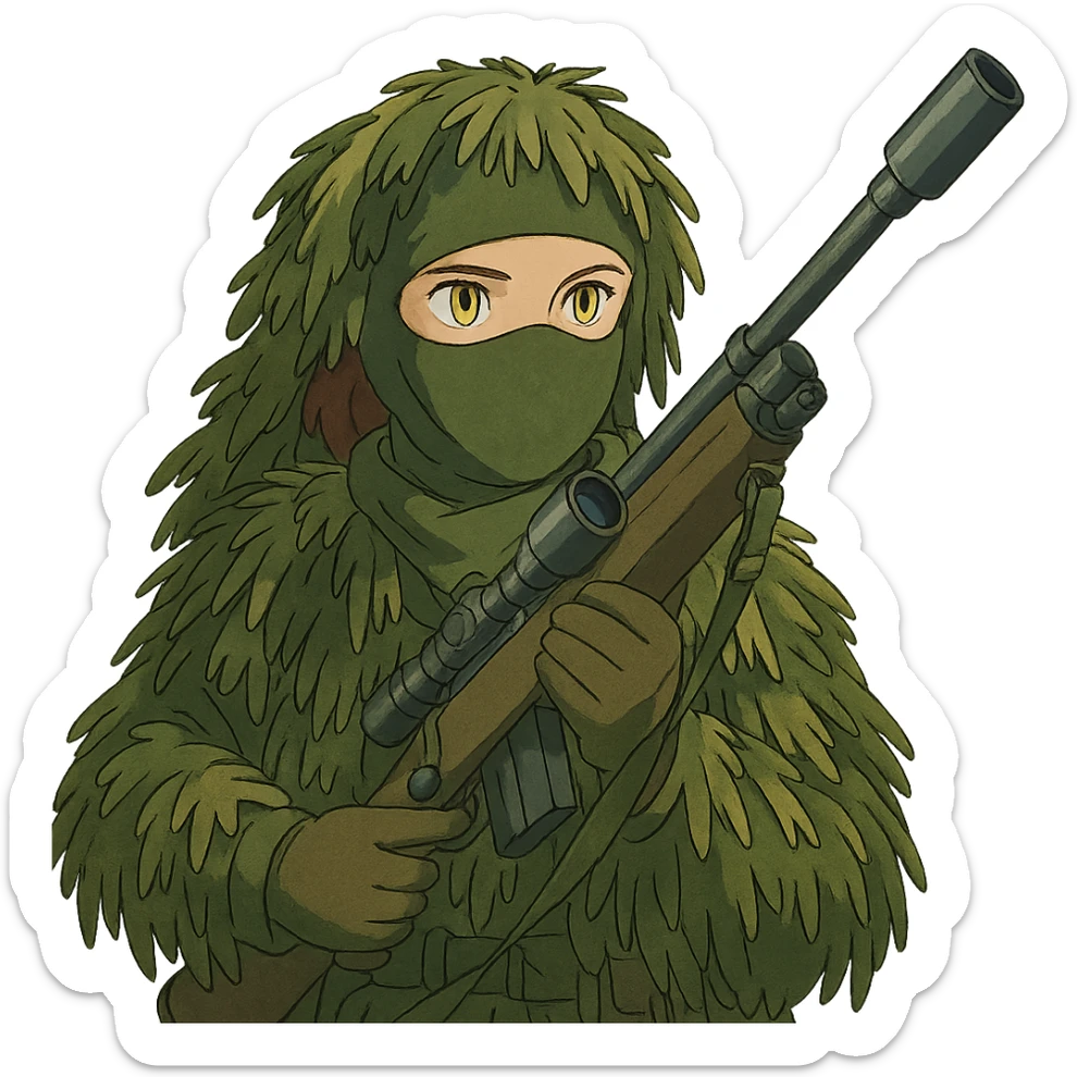 1 female, gold yellow eyes, face covered green balaclava, full military ghillie sniper camouflage, rifle up sticker