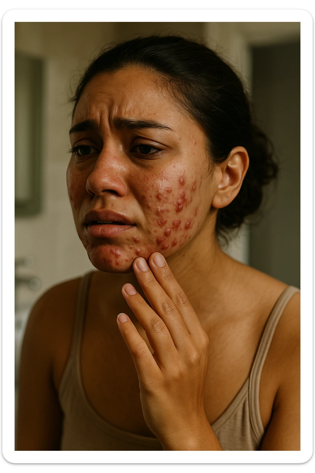A highly realistic, cinematic portrait of a young woman in her late 20s with medium skin tone, showing visibly inflamed, deep cystic acne along her jawline, cheeks, and chin. Her skin appears red and irritated around the acne nodules, with noticeable swelling and tenderness, illustrating the painful nature of cystic acne linked to PCOS. Her facial expression shows discomfort and emotional distress, with slightly teary eyes as she gently touches an inflamed area on her jawline with her fingertips. Her hair is pulled back to clearly show the acne areas, and her skin has a slightly oily texture due to androgen-related sebum overproduction. The environment is a softly lit bathroom with neutral daylight, emphasizing the skin texture, redness, and deep acne. The style is realistic, 35mm cinematic photography with warm, neutral tones, soft shadows, and clear skin detail, providing a compassionate yet direct visualization of PCOS-related cystic acne sticker