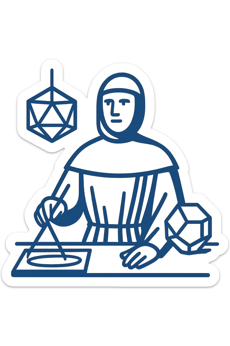 Redesign the image as a flat startup logo inspired by the painting of Luca Pacioli. Focus on geometric shapes and mathematical tools with a minimalist, modern look. Use a blue color palette and keep the design simple and iconic, emphasizing clean lines and flat colors. sticker