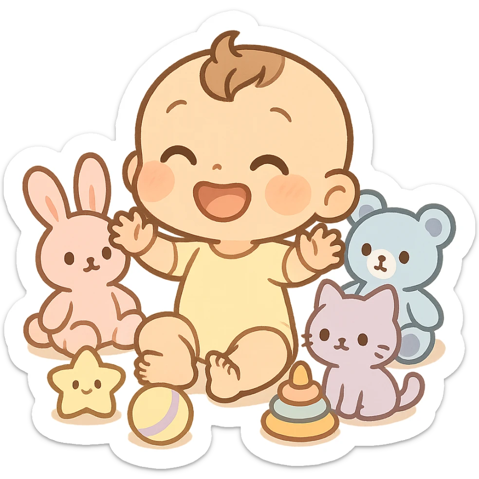 cute, playful emoji of a baby sitting joyfully among colorful pastel stuffed animals and soft toys, pastel color palette, warm and innocent, baby seated smiling, toys scattered around in cheerful pastel colors, emoji scale sticker
