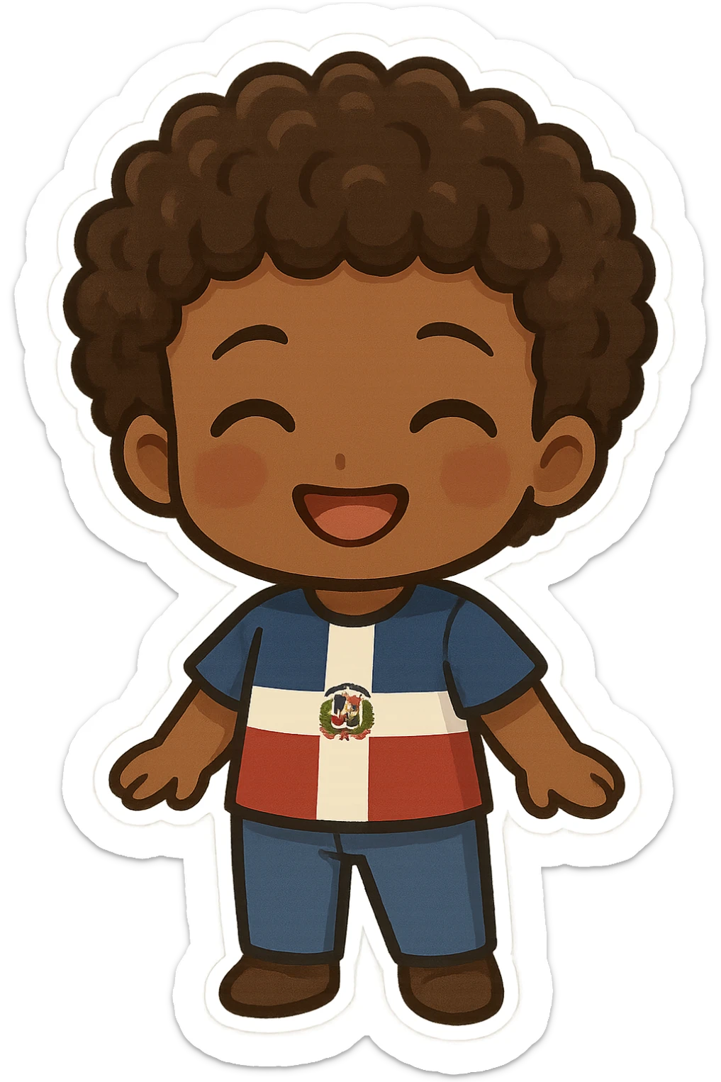 chibi emoji of a Dominican character with curly hair and brown skin, smiling sticker