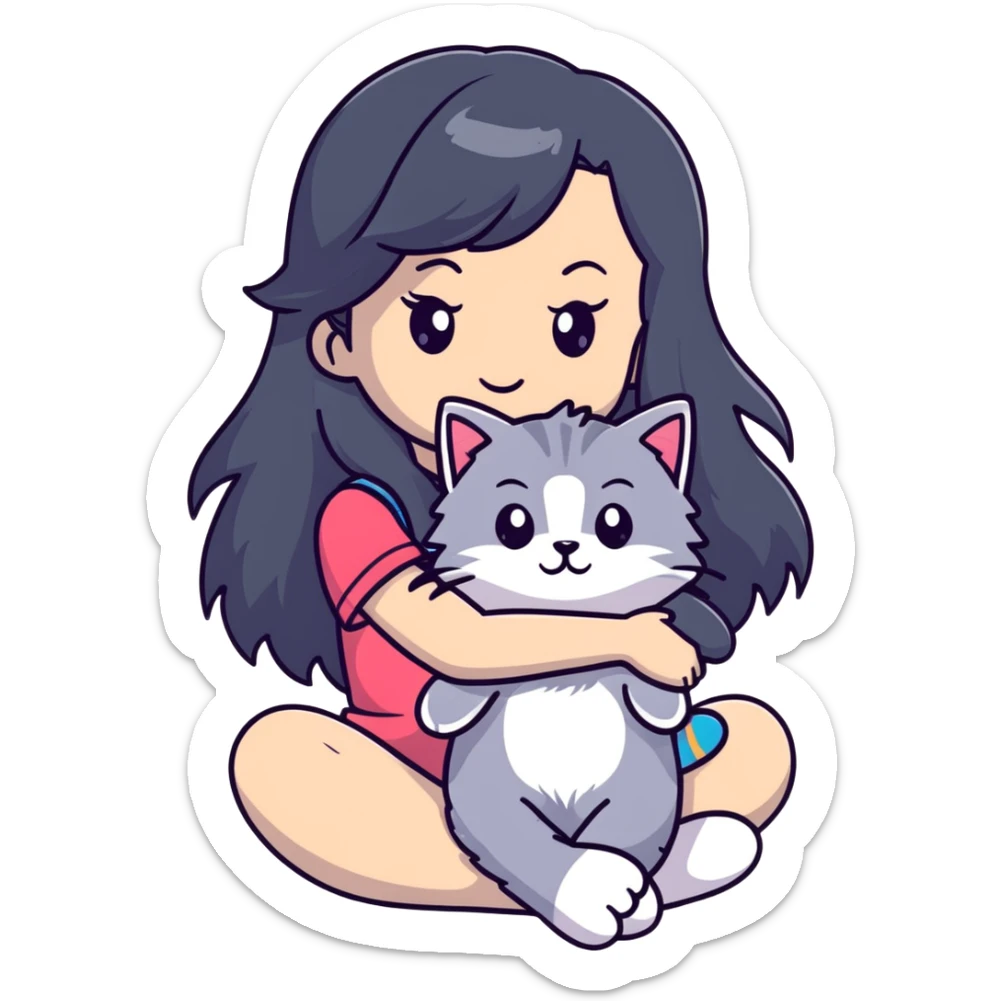 Girl with long black hair hugging a gray fluffy plush toy and a tricolor Maine Coon cat sticker
