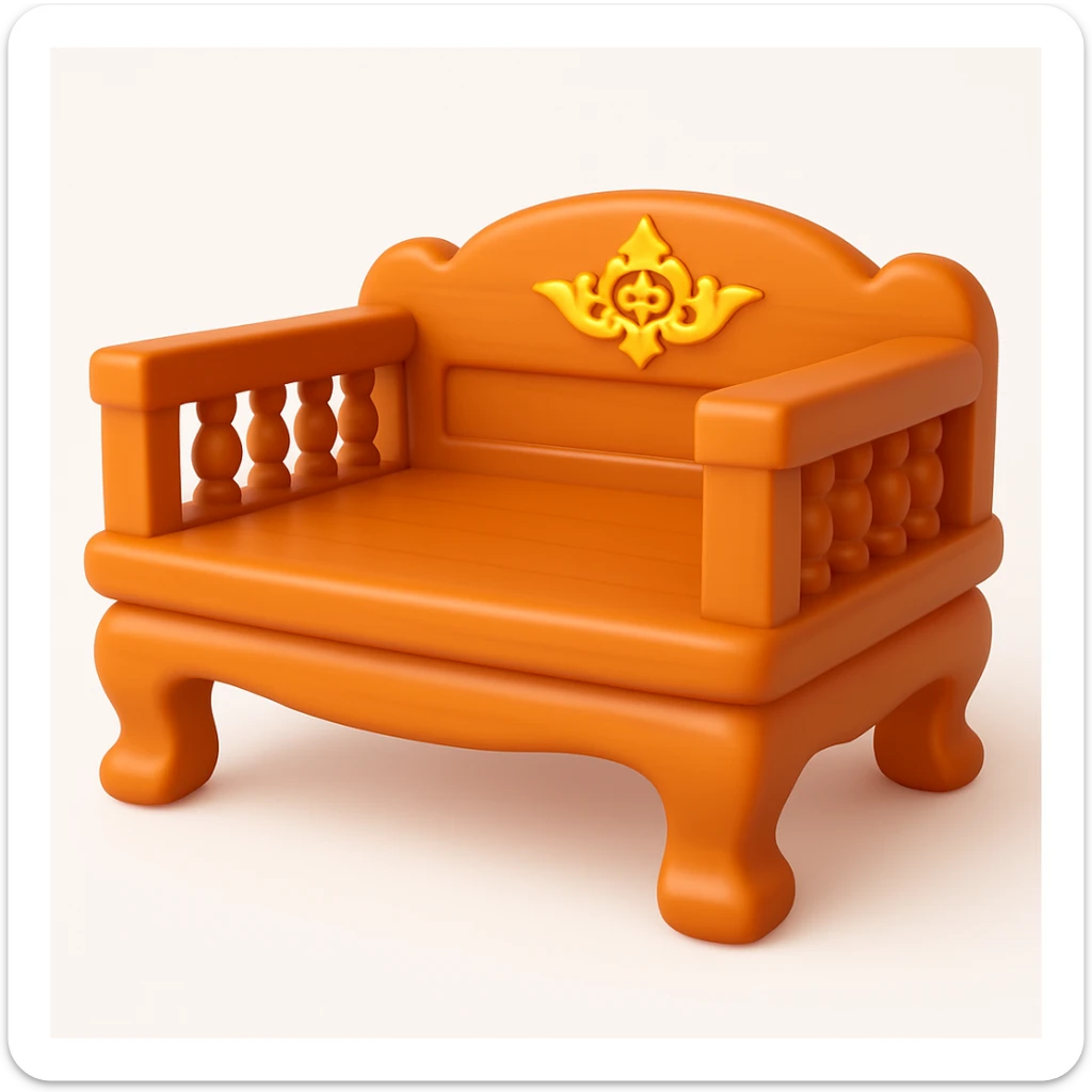 Transform the wooden bed with Thai art style ornate details and overall shape into a smooth, rounded, and playful 3D emoji style. Maintain the intricate details while adapting it to a colorful and friendly 3D emoji look. sticker
