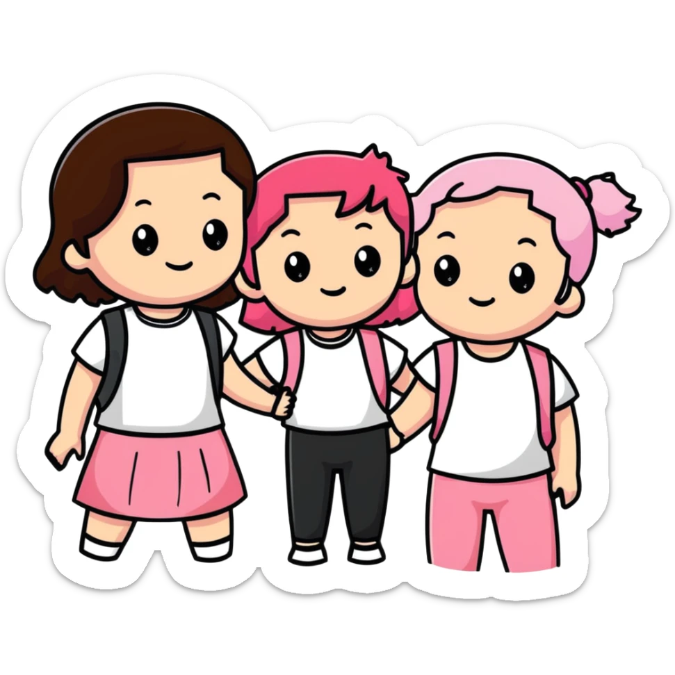 a black girl with dark brown hair next to a white girl with pink hair and a white girl with brown hair sticker