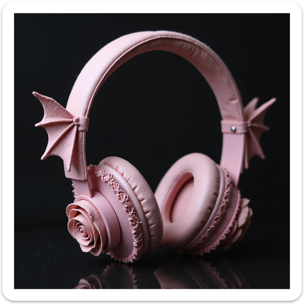 realistic pink gothic headphones with bat wing details, lace trim, and dark roses, photorealistic style sticker