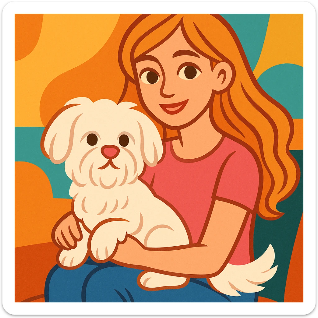 a white Maltese terrier with a pink nose sitting on the lap of a girl with long, blow-dried strawberry blond hair, brown eyes, thin eyebrows, a slim nose, and beautiful lips, warm inviting illustration style sticker