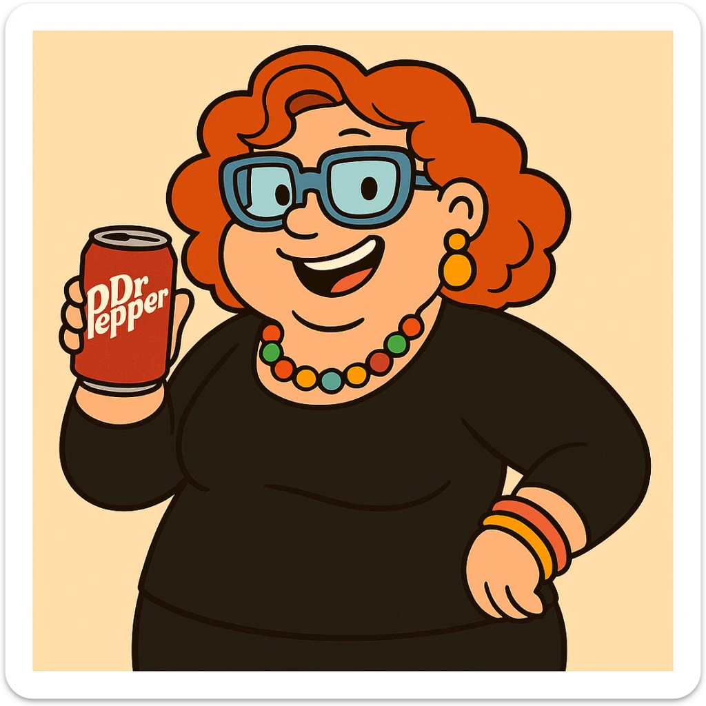 Add jewelry including earrings and a necklace, dress her in black clothes, and put a Dr Pepper soda in her hand. Keep her fun and approachable in the style of the original image. sticker