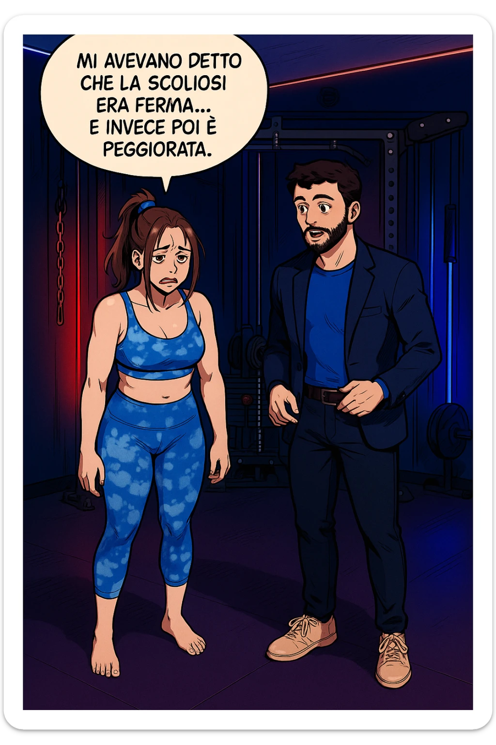 fai questa immagine in versione fumetto/manga/webtoon a colori, il manga mostra la donna disperata con un fumetto sulla testa che dice:
Mi avevano detto che la scoliosi era ferma… e invece poi è peggiorata.
 sticker