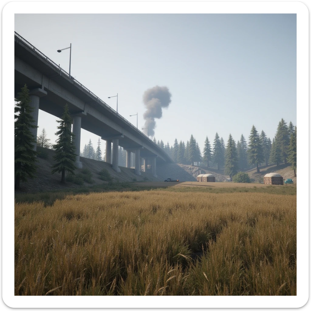  a screenshot of a location in a videogame  the image of the scene consists of: a tall above-ground freeway with a collapsed section in the distance, a wooded area, a small field of wheat, a tall workshop in the distance, and 2-foot tall sandbag wall-fortifications. distant smoke sticker