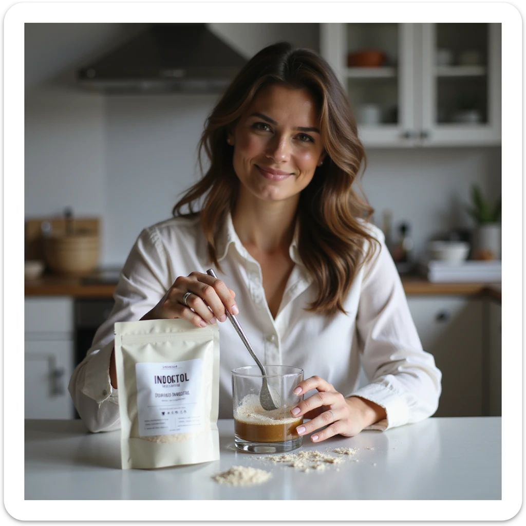 realistic photograph of a woman in a modern domestic environment, with two packages of Myo-Inositol and D-chiro-Inositol in front of her, clearly readable labels, mixing powders in a glass, satisfied expression, natural light sticker
