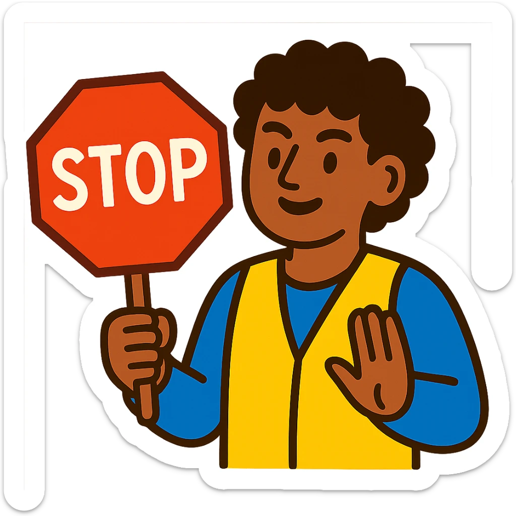 brunette person with curly hair holding a stop sign, vibrant toon style sticker