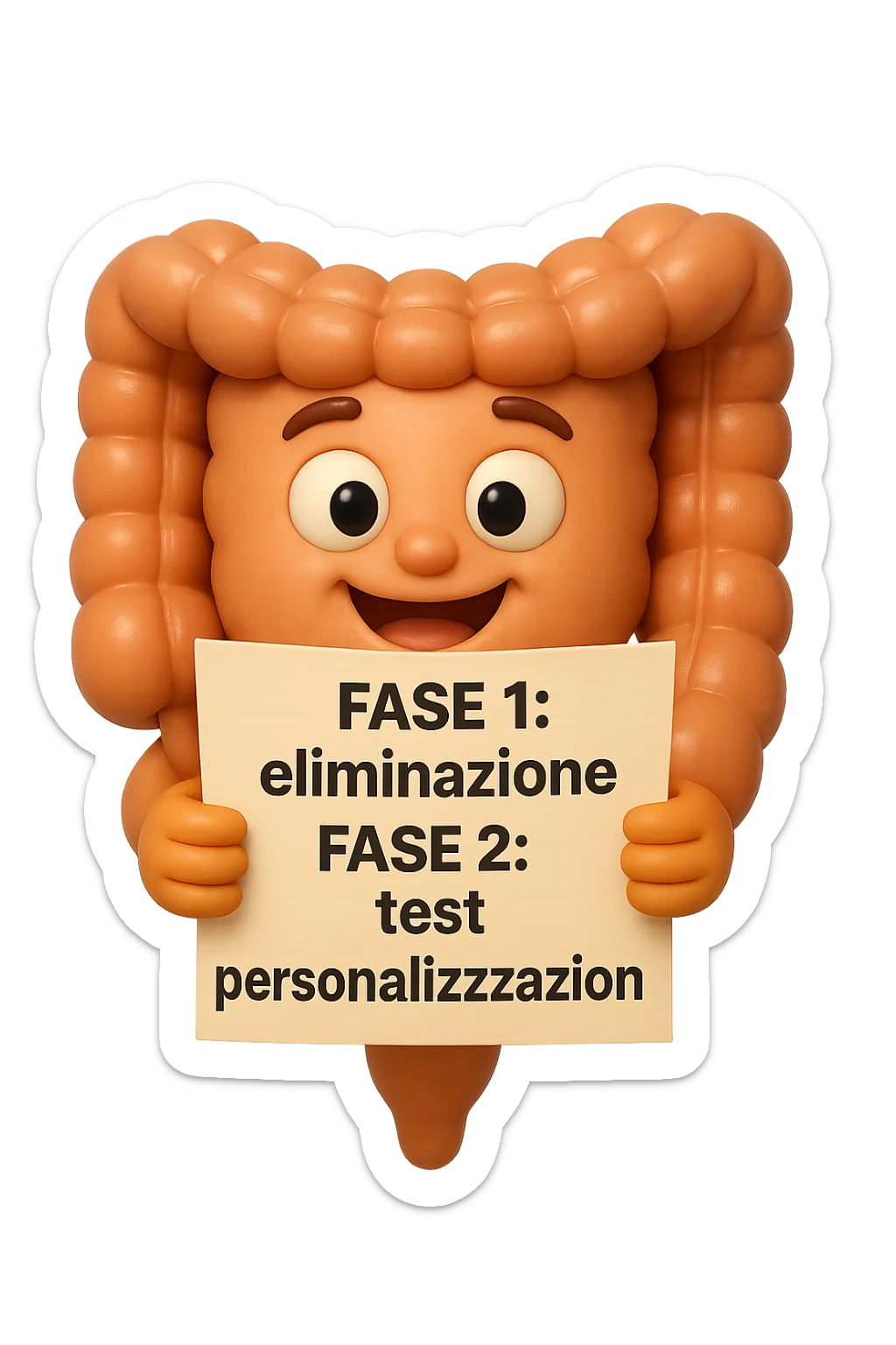 emoji stile iphone 3d di un intestino che tiene in mano un foglio con la scritta "FASE 1: eliminazione, FASE 2: test, FASE 3: personalizzazione, IPERREALISTICO 4K sticker