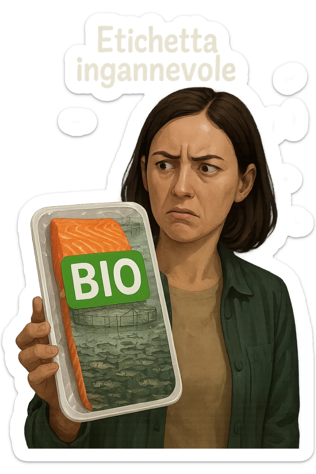 Scena in un supermercato moderno: uomo o donna tiene in mano una confezione di salmone etichettata 'BIO', con un grande bollino verde. Ma in trasparenza, dietro l’etichetta, si intravede un allevamento intensivo di salmoni in gabbie marine, acqua torbida e pesci ammassati. Espressione del cliente confusa e sospettosa. Sopra la testa, testo simbolico fluttuante: 'Etichetta ingannevole'. Colori contrastanti: confezione brillante ma realtà di fondo grigia e artificiale. Stile realistico con elementi simbolici forti sticker
