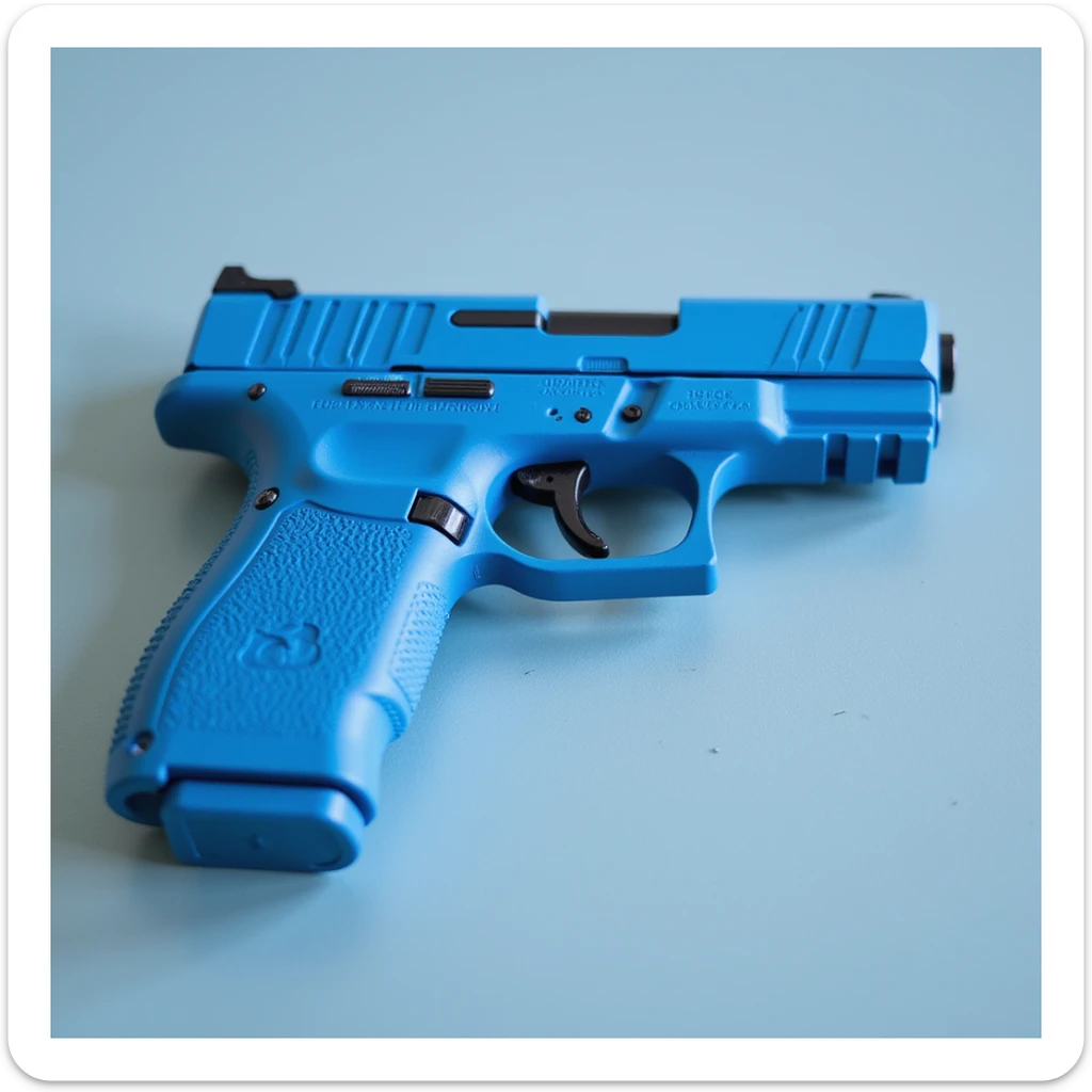 photorealistic blue pistol with a matte finish, no heart shapes or motifs, on a white background sticker