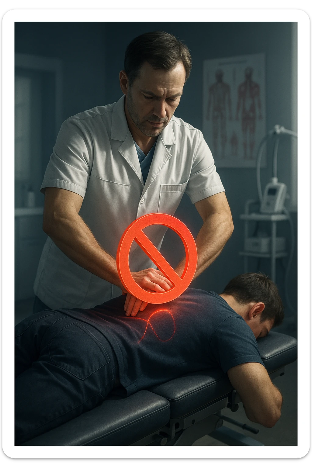 cinematic vertical illustration in a modern osteopathic clinic, European male osteopath in his 40s with light skin and short brown hair wearing a fitted white medical coat standing beside a professional treatment table performing high-velocity spinal manipulation on a patient lying prone, large glowing red prohibition symbol hovering over patient's back indicating technique not suitable for postural asymmetry, softly blurred background with anatomical charts and medical equipment, dramatic directional lighting highlighting the action, cool clinical color palette, subtle vignette for focus, scene like a frame from a medical drama with tension and caution sticker