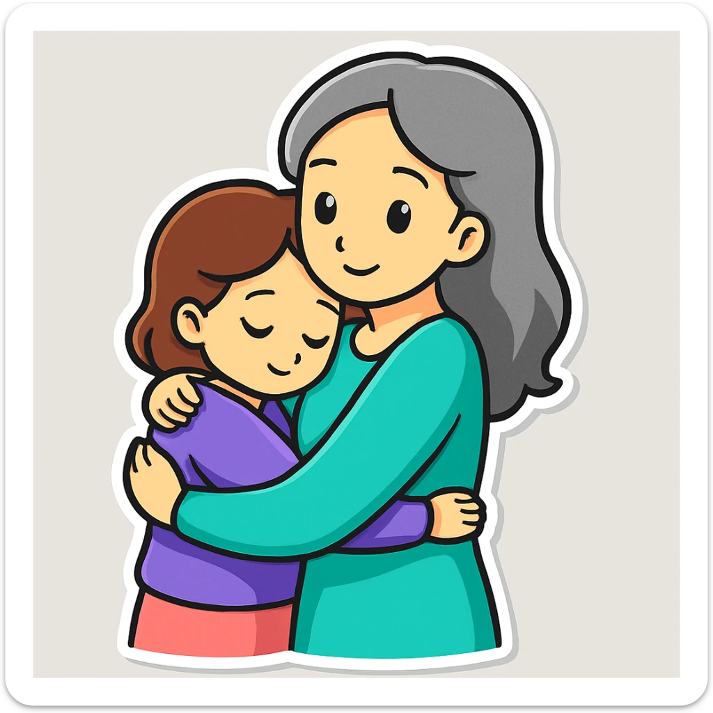 Change colors: girl with brown hair and purple t-shirt, mother with gray hair and aqua green dress, in sticker style. sticker