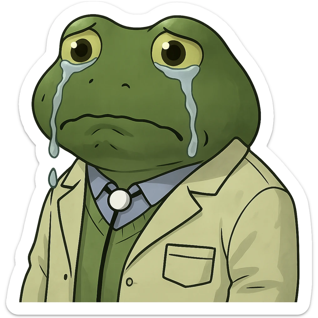 Add visible tears to the bufo frog doctor wearing a doctor's coat, with an extremely sad expression facing forward, no background. Keep the bufo frog style and emphasize the tears and sadness in the eyes clearly. sticker