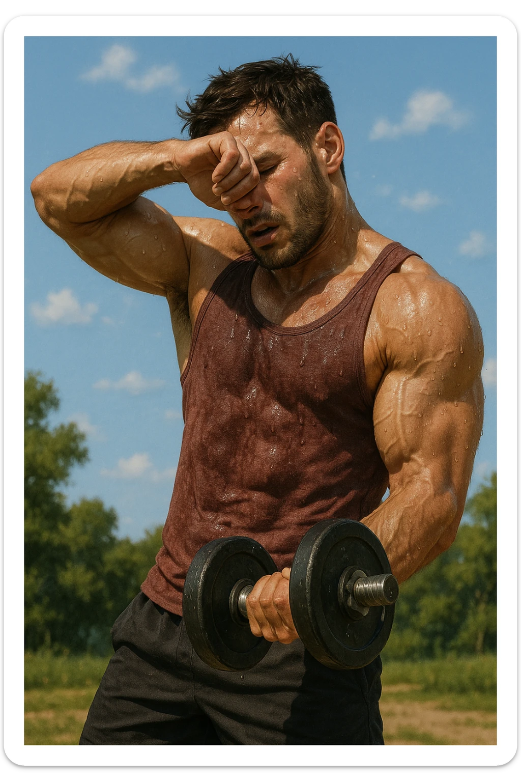 uomo fitness che si allena in estate, tutto sudato, con una mano fa un curl manubri mentre con l'altra mano si asciuga il sudore dalla fronte, espressione affaticata in volto sticker