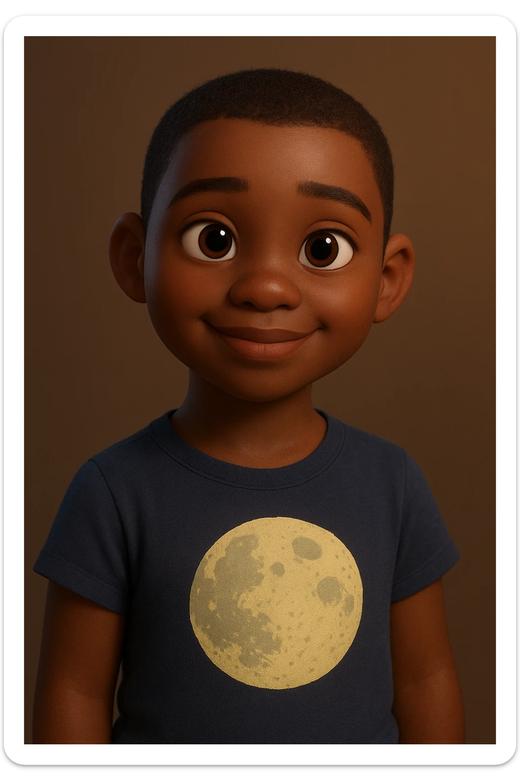 Pixar style dark-skinned girl with very short hair, wearing a t-shirt with a moon drawing sticker