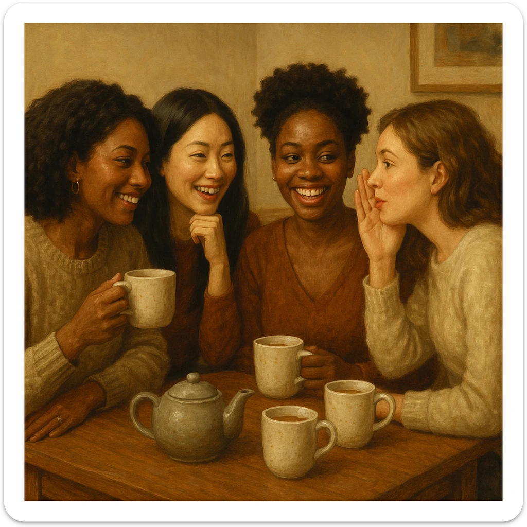 four girlfriends gossiping over tea, one with black hair, two Black girls, one light-skinned girl, cozy and friendly atmosphere sticker