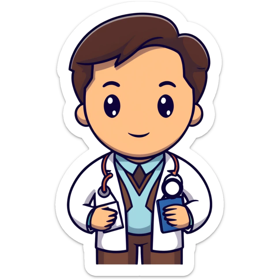 professional mature male doctor around 60 with stethoscope and white coat, dark brown hair, cinnamon skin tone, medium-dark complexion sticker