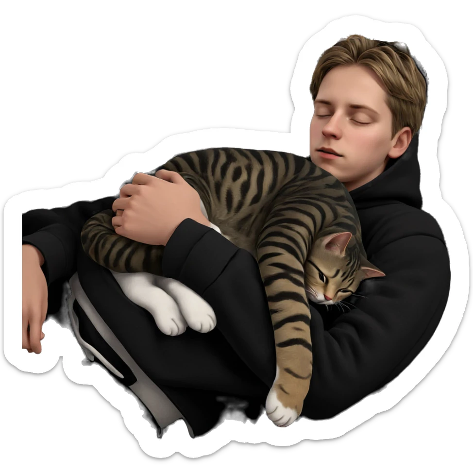 sleeping boy with cat hoodie sticker