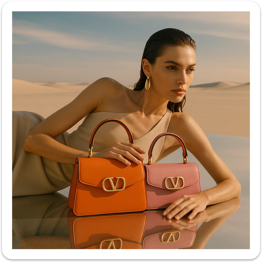 High fashion woman lying on her side on a reflective surface in a minimalist desert, holding two designer bags (orange and pink), wearing a beige minimalist top, earrings, and sleek wet hair. Dramatic sunlight, pastel tones, luxury editorial style. sticker