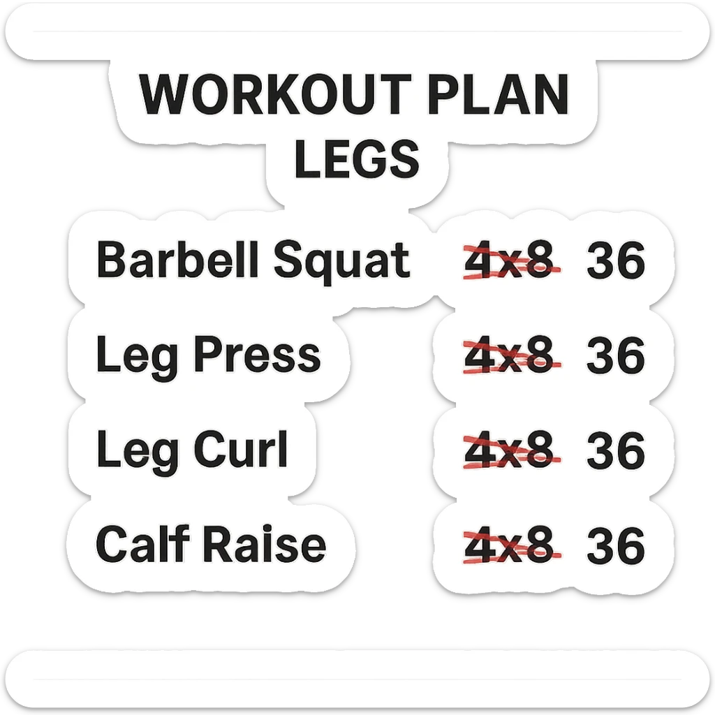 scheda di allenamento gambe con volume di allenamento ridotto (fai alcuni esercizi con 4x8 scritti in precedenza sbarrati in rosso e la correzione accanto tipo 3x6), scrivila al meglio che puoi sticker