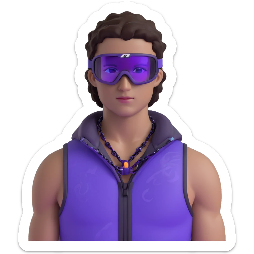 male athlete with white skin and moderately curly dark brown hair on top with shaved sides, wearing ski goggles with purple frames and very dark black lenses, a simple plain black chain necklace, and a completely unzipped sleeveless vest with purple and black sequin fire pattern design with no logo, fully revealing his chest, shoulders and arms, no earrings sticker
