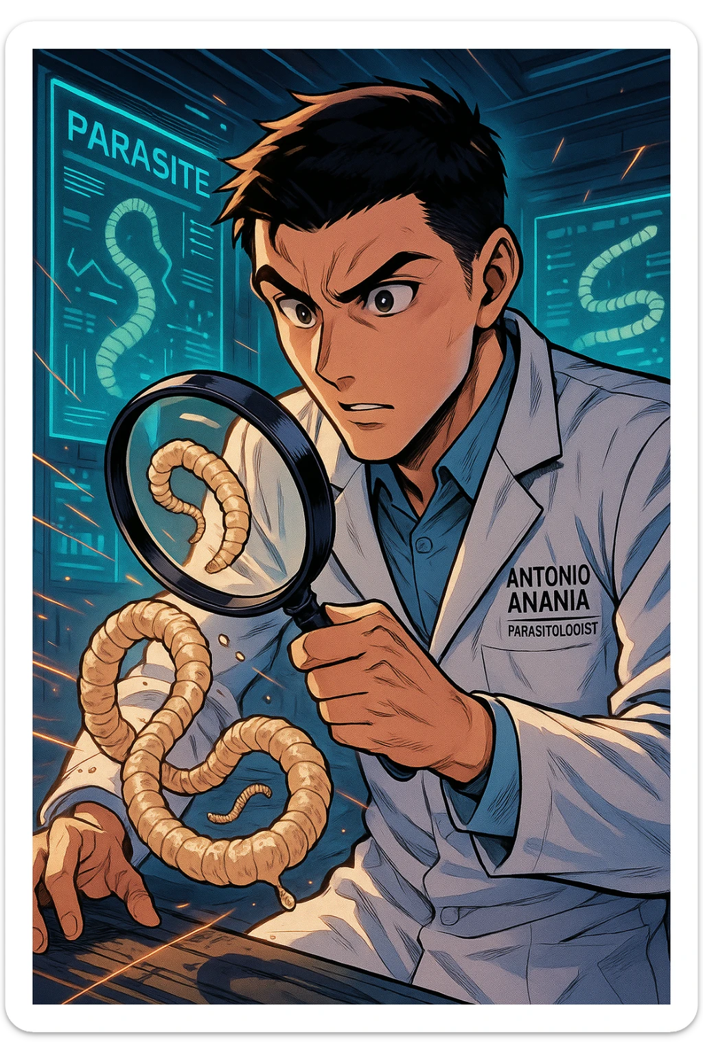 A dynamic manga/webtoon-style illustration of a young male kinesiologist wearing a clean white lab coat, analyzing light beige worms like a tapeworm under a magnifying glass. His expression is focused and slightly intrigued, with sharp, detailed eyes. The art style is vibrant, with bold linework, rich colors, and dramatic lighting. The background is a futuristic laboratory with glowing holographic screens displaying parasite data. The tapeworm is intricately drawn, slimy and segmented, with a slightly exaggerated yet realistic texture. The composition is dynamic, with motion lines or energy effects to emphasize his scientific investigation. The atmosphere is intense but not dark, keeping a balance between scientific seriousness and stylish manga aesthetics, he has "ANTONIO ANANIA" WRITTEN ON WHITE LAB COAT sticker