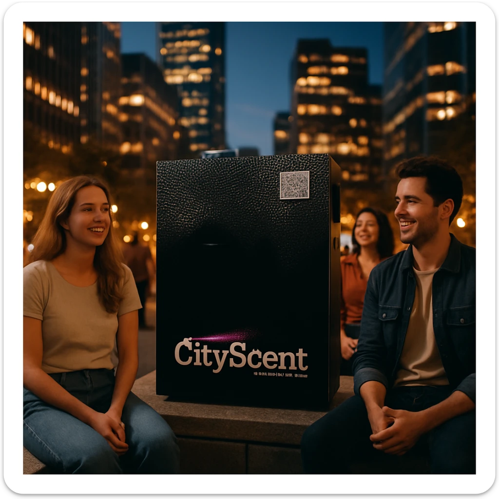 Place this exact CityScent air freshener machine in the center of a modern cityscape at evening, illuminated by ambient city lights. Show a few people nearby, sitting or standing, looking relaxed and happy, enjoying the scent. The style should be photorealistic, realistic and inviting. sticker