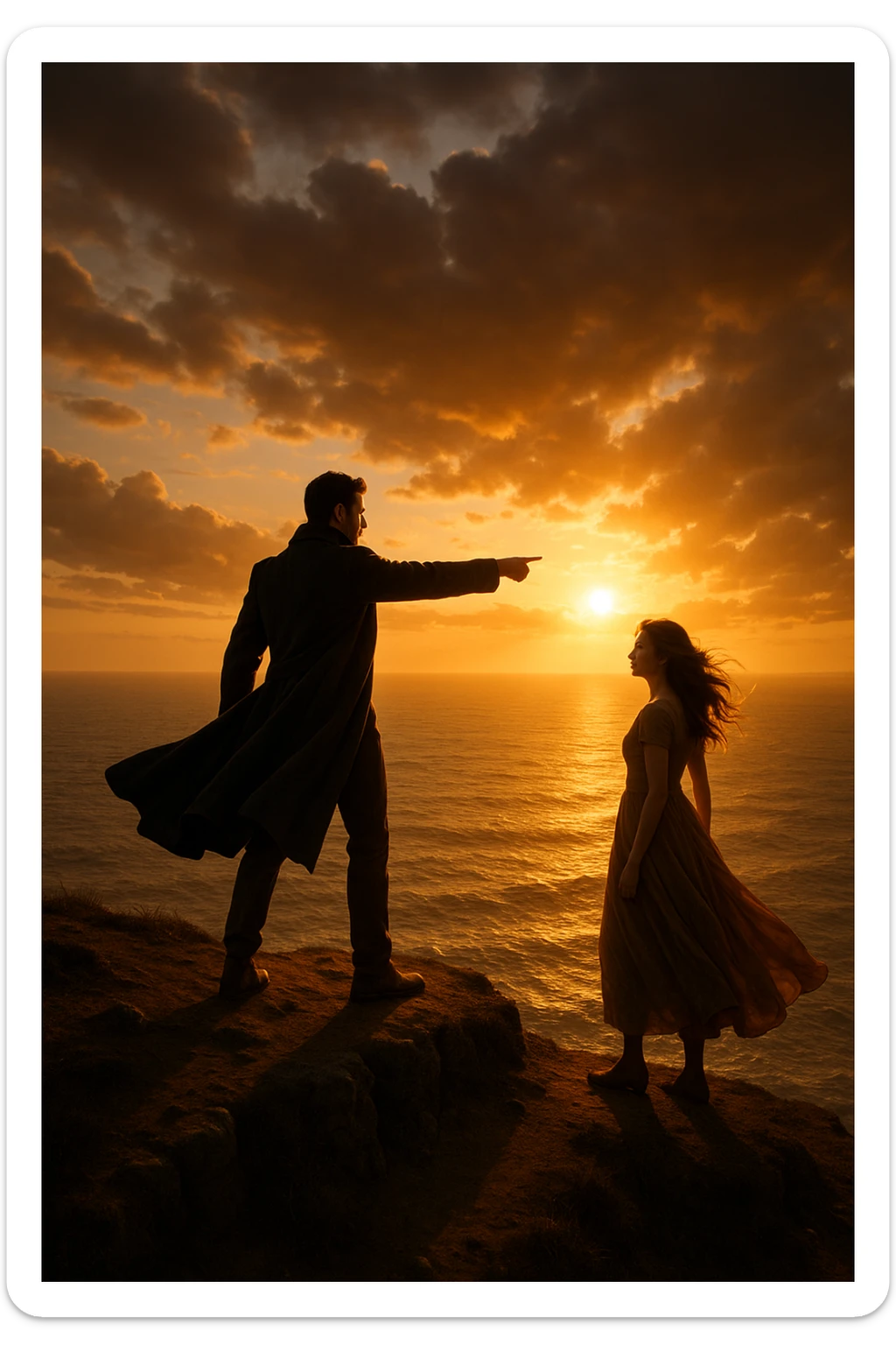 A cinematic scene of a man as a commander guiding a woman toward a bright future, standing on a cliff edge overlooking a vast ocean at sunset, with the man pointing forward while the woman looks at him, ready to follow his lead. The man wears a dark coat blowing in the wind, creating a heroic silhouette, while the woman wears a flowing dress, her hair catching the light. Warm, dramatic lighting with golden tones, emphasizing hope and leadership. Wide-angle shot capturing the epic scenery and emotional connection.
 sticker