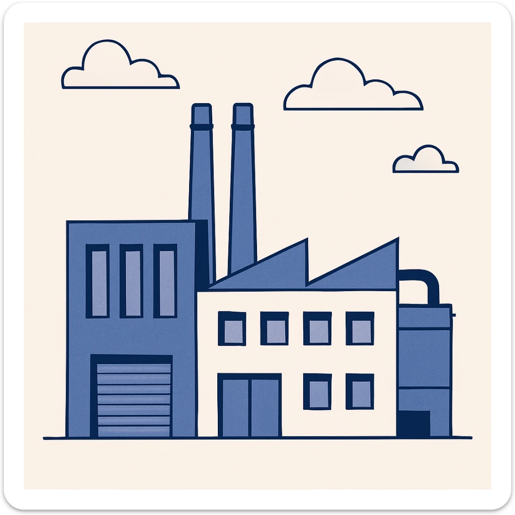 an exterior view of a modern manufacturing factory, the factory building centered in the image, anime style, industrial architecture, clear sky, clean and organized, suitable for branding sticker
