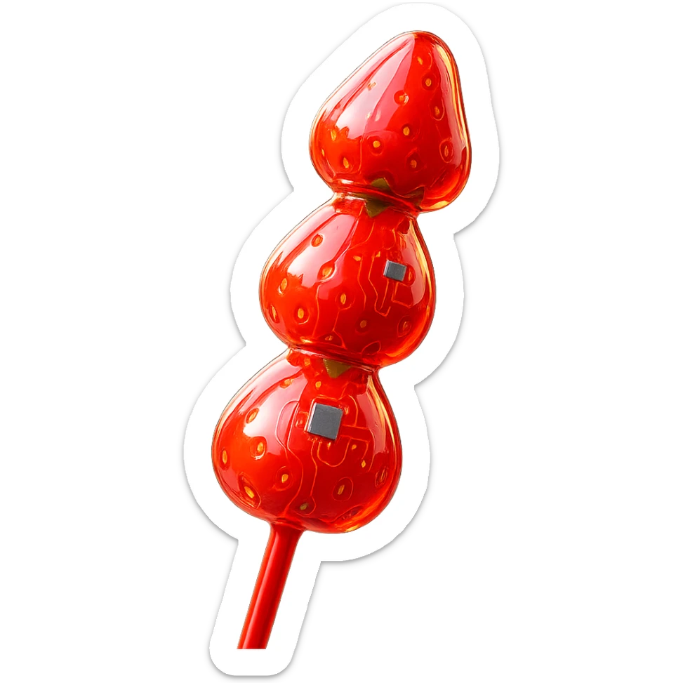 glossy red candied strawberry skewers (Tanghulu) with a crystal-clear sugar coating, reflecting light, held vertically, street food background blurred, high realism, sharp details, vibrant colors sticker