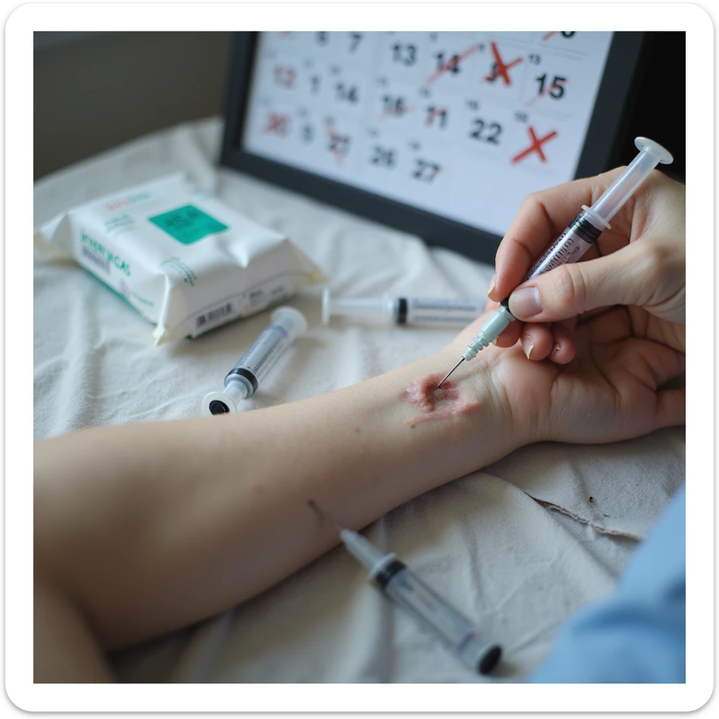 realistic close-up of a hand injecting medicine into the gluteus, sterile syringes, disinfectant wipes, calendar with crossed out days, labels in Italian, everyday preparation scene sticker