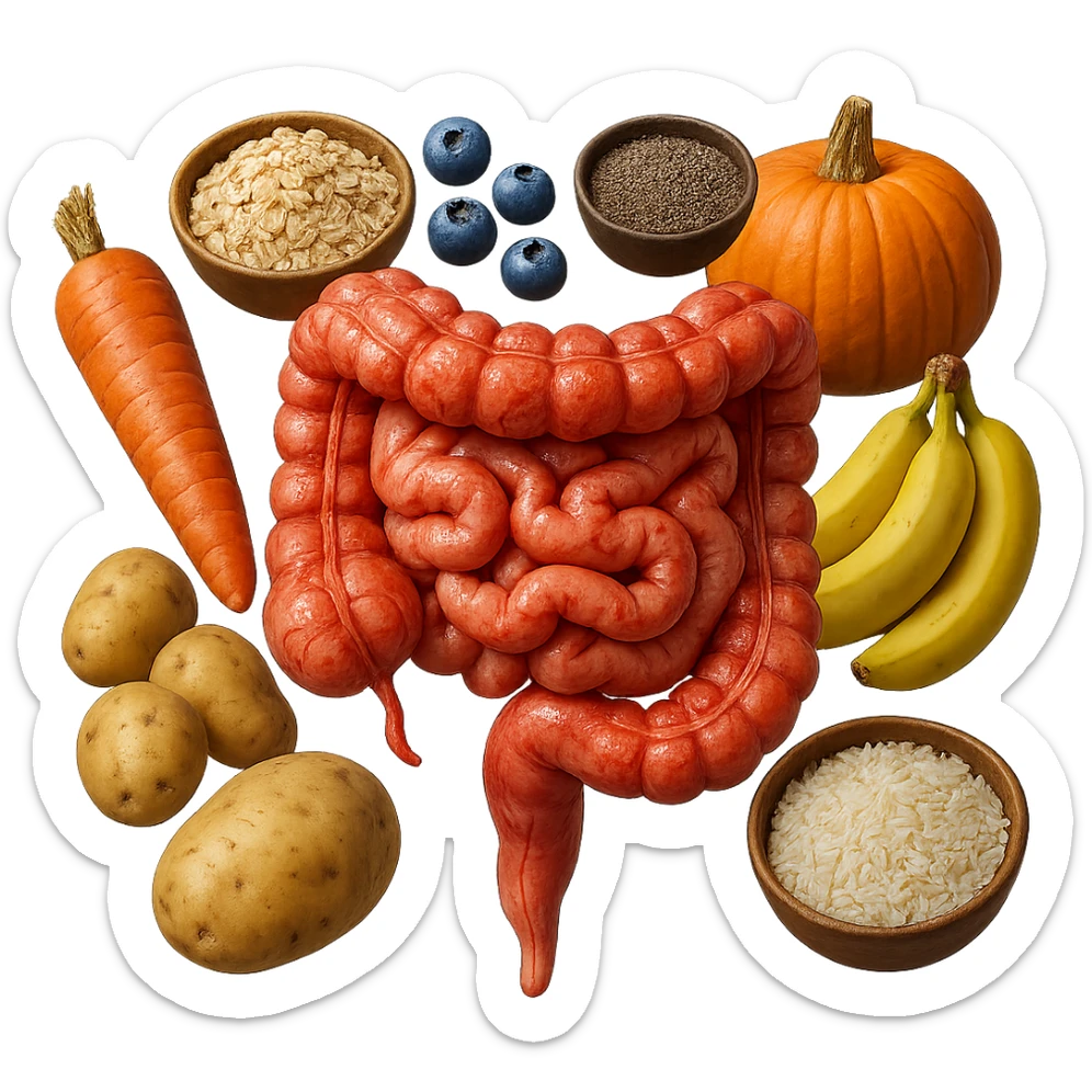 intestino umano anatomico infiammato con carota, bowl di avena, mirtilli, bowl di semi di chia, patate, banane, zucca, bowl di riso che gli fluttuano dietro, iperrealistico 4k sticker