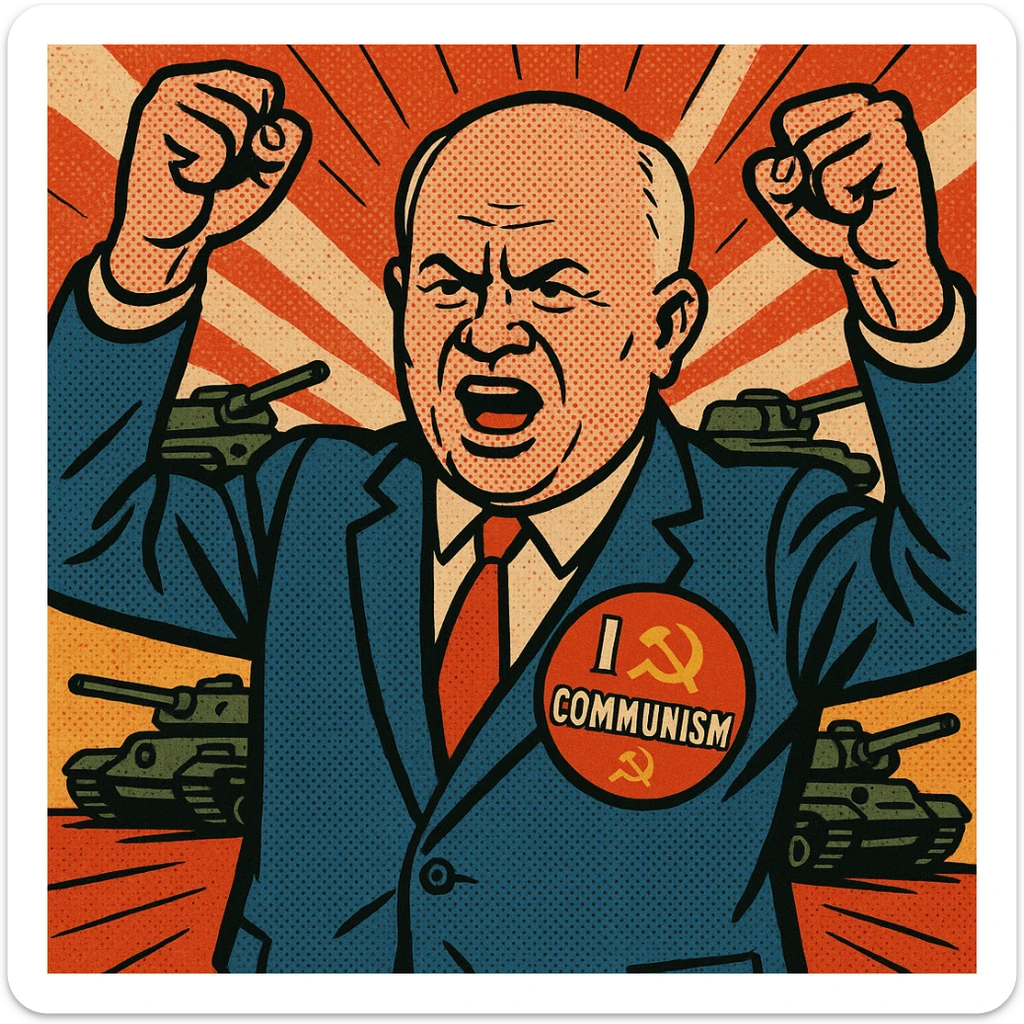 Soviet leader Khrushchev looking aggressive holding his fists in the air. He is wearing a blue suit with a large 'I love Communism' sticker on his chest.  In the background are soviet tanks. sticker