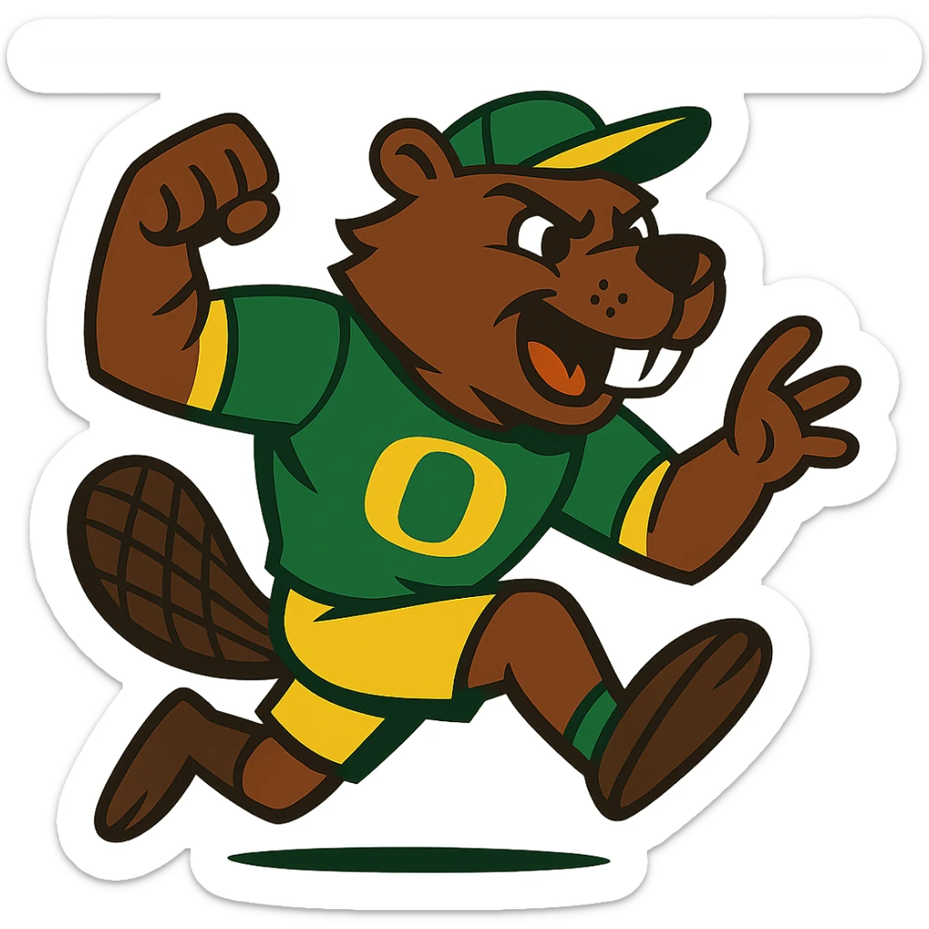 beaver as a sports mascot, dynamic pose, Oregon colors green and yellow, vibrant toon style sticker