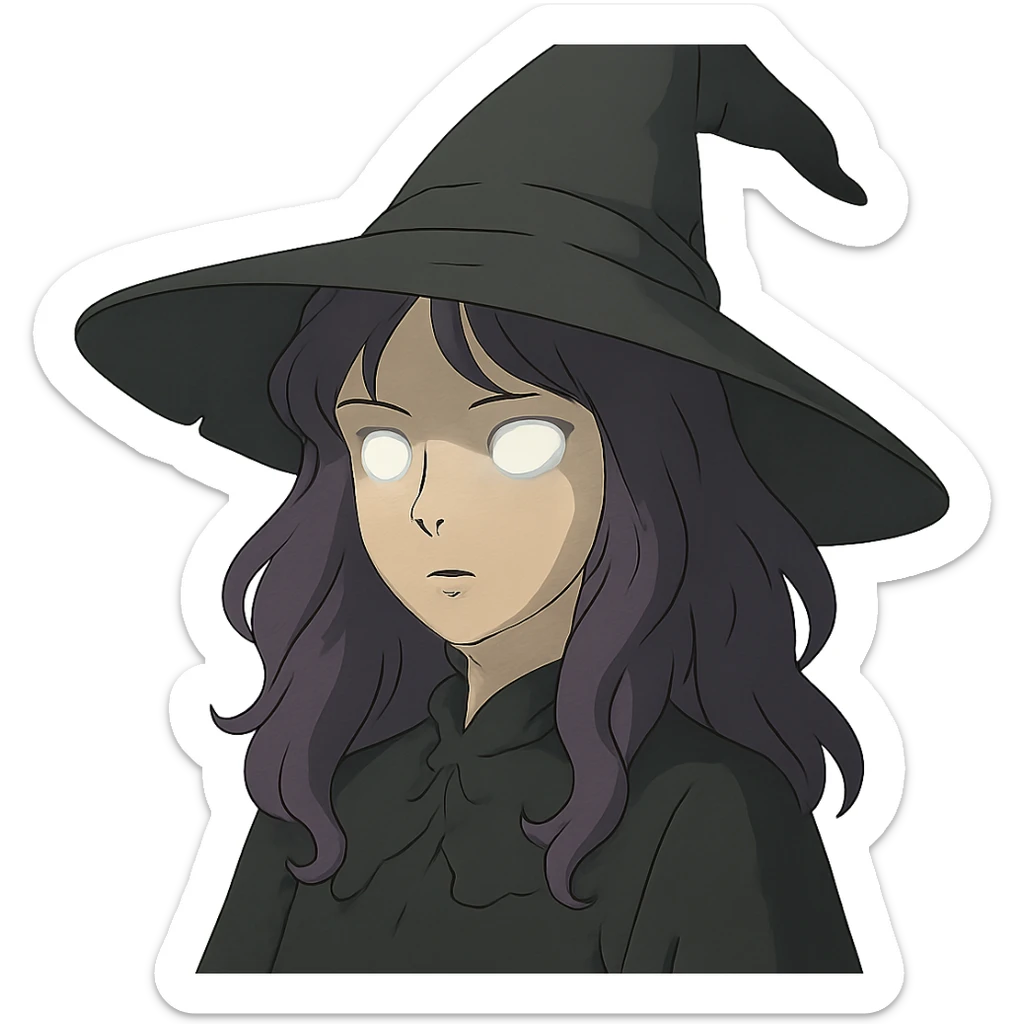 gothic woman with purple hair, witchy touch, wearing a witch hat and glowing eyes, ghibli style sticker