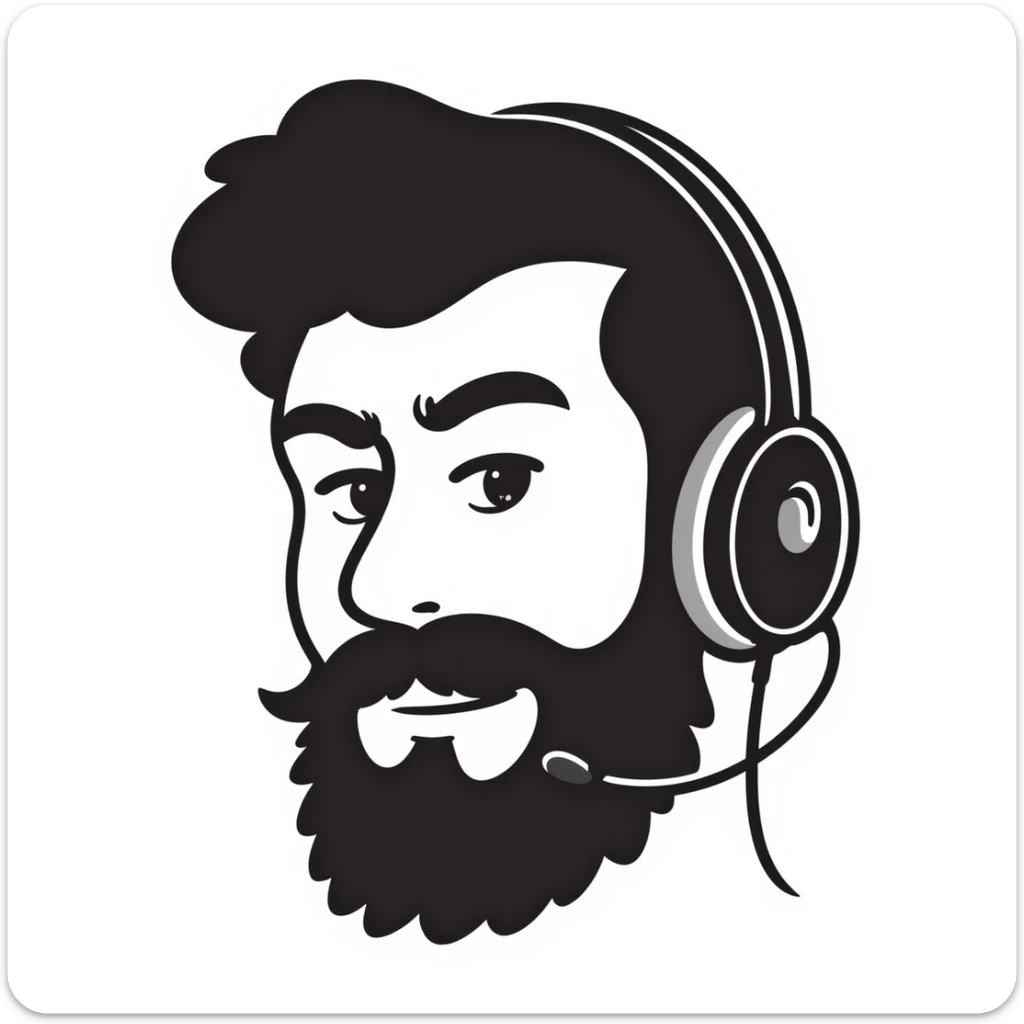 Serious face of a man with black hair, brown eyes, black beard, wearing a gaming headset sticker