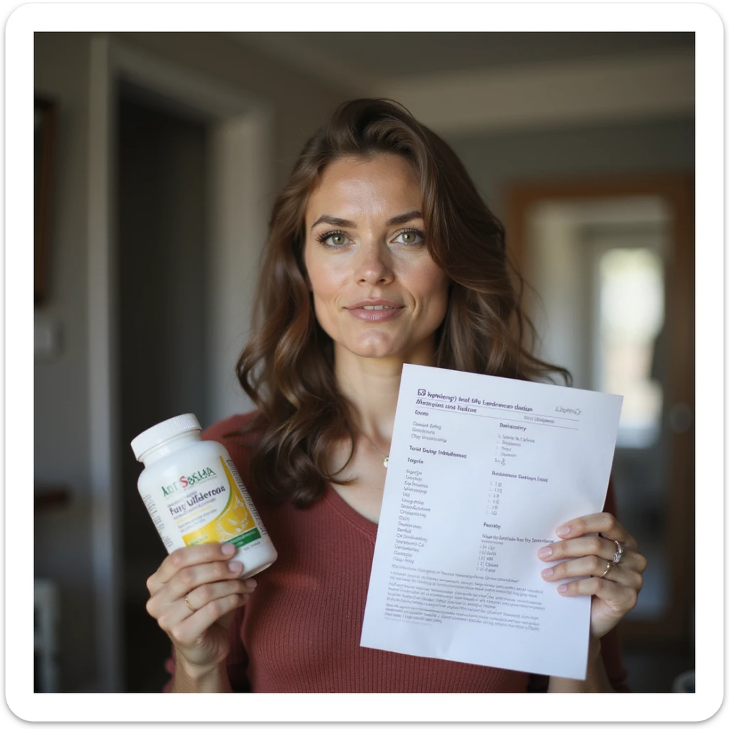 realistic image of a woman holding a supplement package and a medical report showing a deficiency, home environment, reflective expression, clinical details sticker